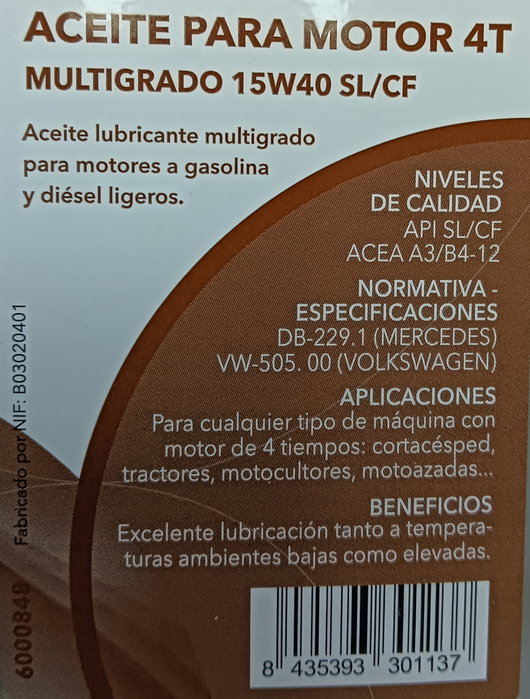 YAROS Aceite 4 Tiempos Multigrado 15W40 SL/CF 1 LT