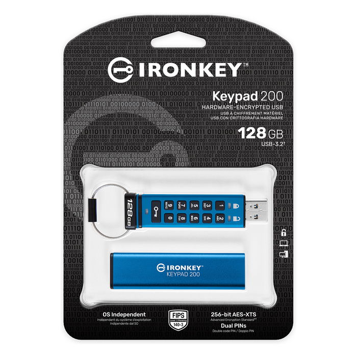 Kingston IronKey Keypad 200 STICK 128GB USB 3.0 FIPS 140-2 Nivel 3 Lector de huellas dactilares cifrado de hardware