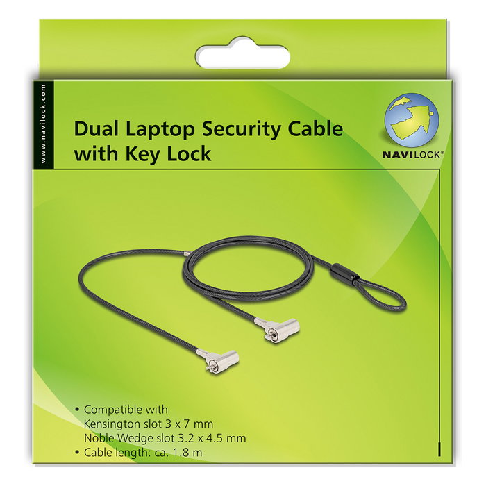 Navilock Cable de Seguridad Dual para Notebook con Llaves para Kensington Slot 3 x 7 mm y Noble Wedge Slot 3,2 x 4,5 mm