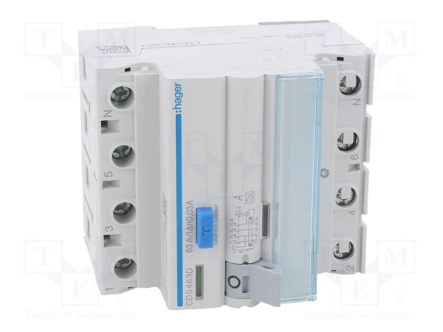 Hager CDS463D Interruptor diferencial 4 polos 63A 30mA Tipo A QuickConnect Hager CDS463D Interruptor diferencial 4 polos 63A 30mA Tipo A QuickConnect