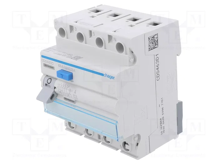 Hager CDS463D Interruptor diferencial 4 polos 63A 30mA Tipo A QuickConnect Hager CDS463D Interruptor diferencial 4 polos 63A 30mA Tipo A QuickConnect