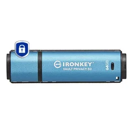 Kingston IronKey Vault Privacy 50 IKVp50/64GB - Pendrive USB 64 GB USB-A 3.2 Gen 1 Cifrado Hardware 256-bit AES, FIPS 197, Resistente al Agua IPX8, Negro/Azul