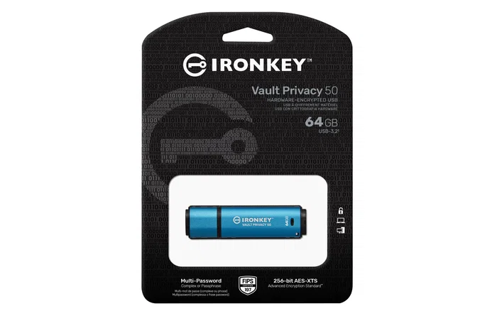 Kingston IronKey Vault Privacy 50 IKVp50/64GB - Pendrive USB 64 GB USB-A 3.2 Gen 1 Cifrado Hardware 256-bit AES, FIPS 197, Resistente al Agua IPX8, Negro/Azul