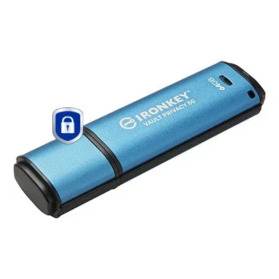 Kingston IronKey Vault Privacy 50 IKVp50/64GB - Pendrive USB 64 GB USB-A 3.2 Gen 1 Cifrado Hardware 256-bit AES, FIPS 197, Resistente al Agua IPX8, Negro/Azul