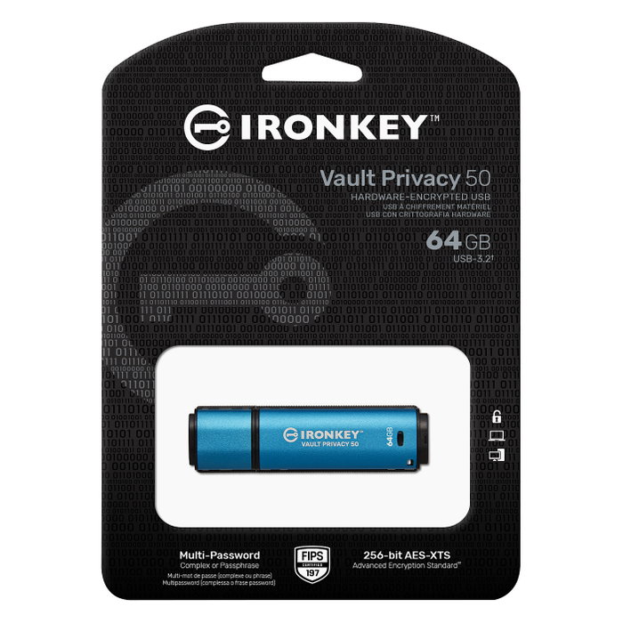 Kingston IronKey Vault Privacy 50 - Llavero USB cifrado hardware, 64 GB, IKV-P50/64GB