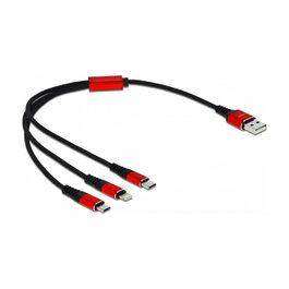 DeLOCK Cable de carga USB 3 en 1 Tipo-A a Lightning™, Micro USB y USB Type-C™ 30 cm Negro/Rojo
