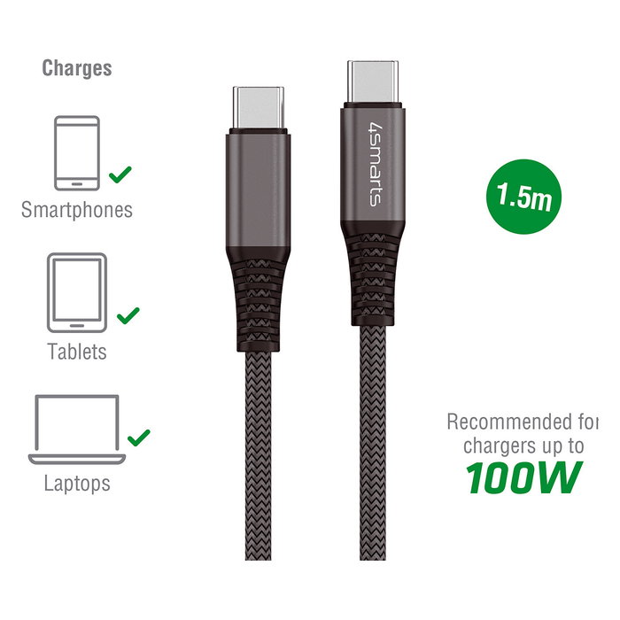 4smarts Cable USB-C a USB-C PremiumCord 456266, Carga Rápida 100W, 1.5m, Negro
