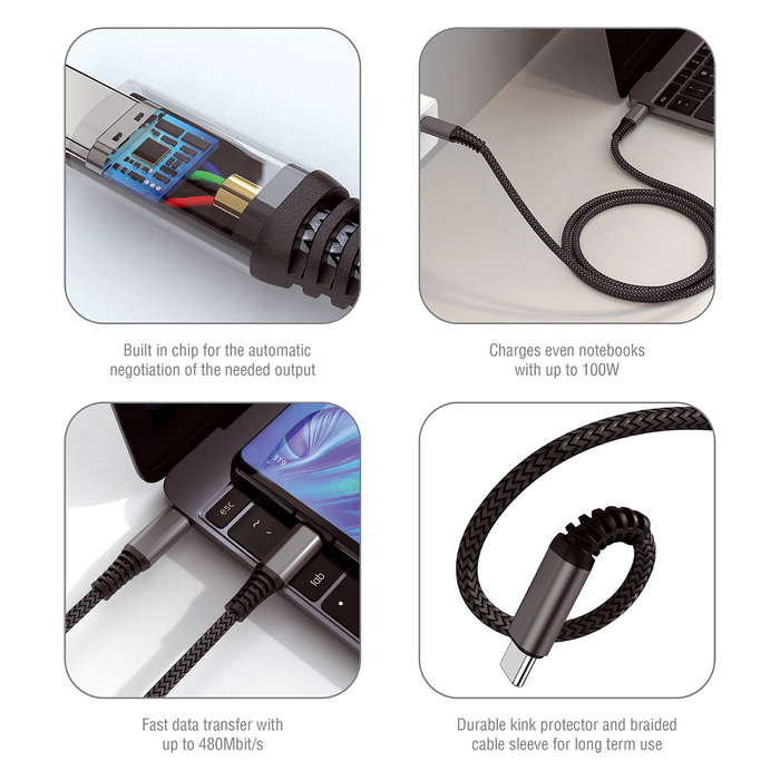 4smarts Cable USB-C a USB-C PremiumCord 456266, Carga Rápida 100W, 1.5m, Negro