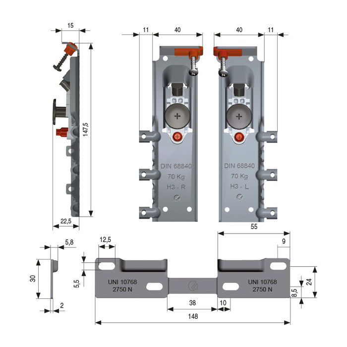ITALIANA FERRAMENTA H3 Kit Colgador Oculto Regulable Zincado Para Muebles de Cocina con Placa y Tacos - Capacidad 140 kg