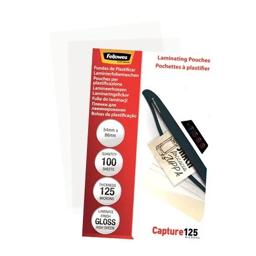 FELLOWES Fundas para plastificar brillo 125 micras 54x86 mm, pack 100 FELLOWES Fundas para plastificar brillo 125 micras 54x86 mm, pack 100