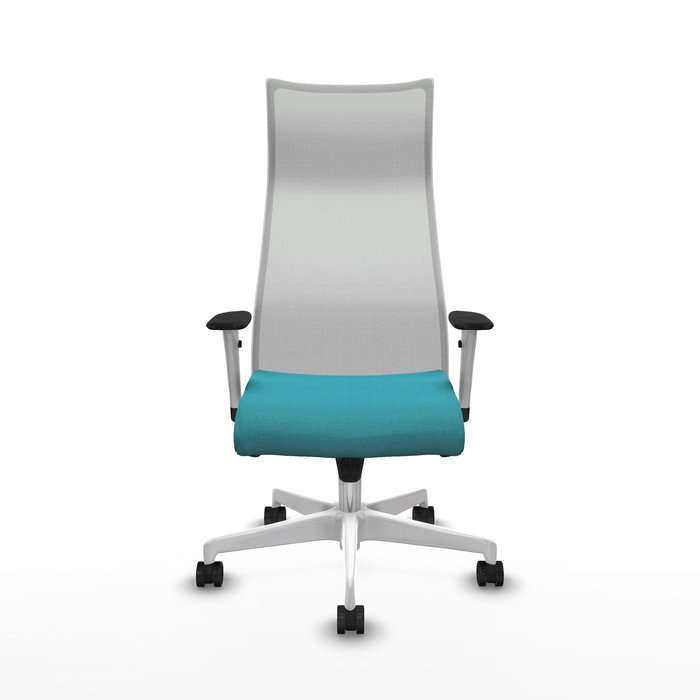 Sillón Albacete con mecanismo Sincro tapizada con Tela color Turquesa y malla color Blanco. Equipado con Base poliamida blanca, Brazos 1D y Ruedas 65mm nailon