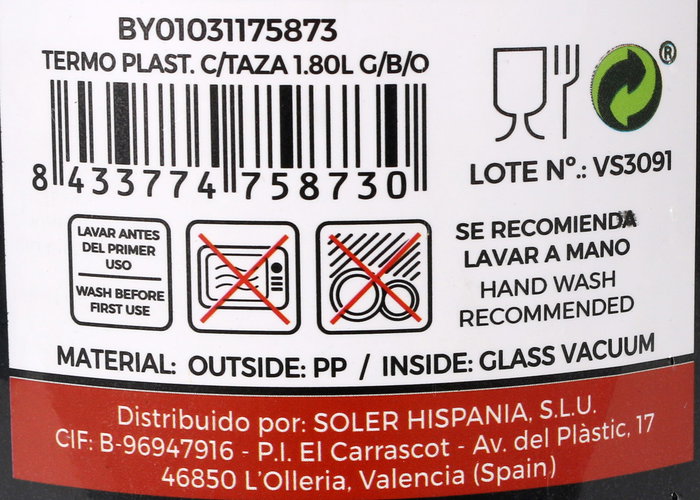 Thermosport Termo de Plástico con Taza 1.80L Gris/Blanco/Ocre (6 Unidades)