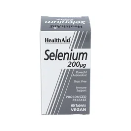 HEALTH AID Selenium 200Mcg 60 Comprimidos. Complemento Alimenticio con Selenio para Sistema Inmunitario, Cabello y Uñas. Apto Veganos