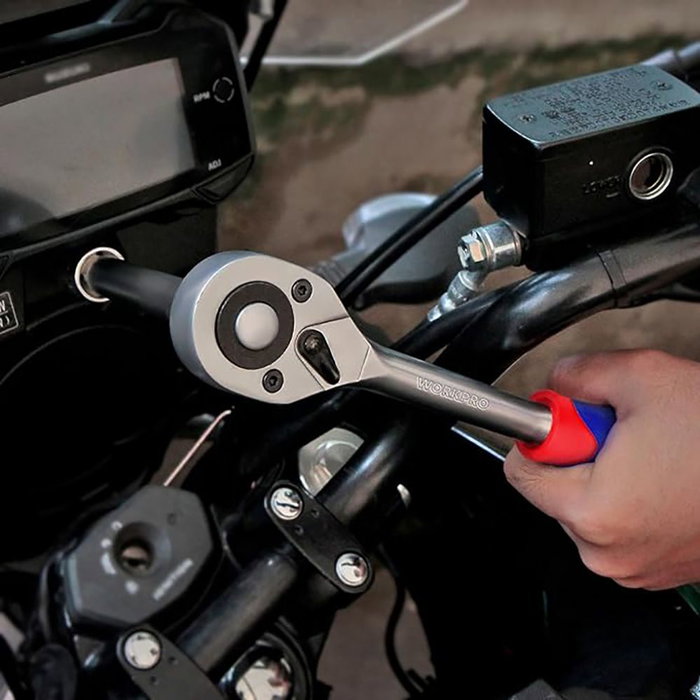 Workpro Juego de Llaves de Vaso 1/4" 14 Piezas, Vasos 4-13mm, con Carraca 72 Dientes y Barra Extensión, Color Azul y Rojo