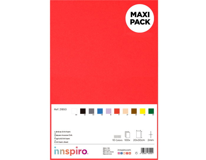 Innspiro Maxi Pack Escolar de Goma EVA, 100 láminas surtidas de 20x30cm x 2mm