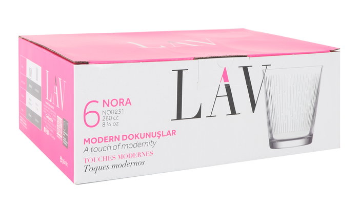 Lav Set 6 Vasos 255cc Nora - Vasos de Vidrio Transparentes para Agua, Zumos y Bebidas - 6 Piezas - Capacidad 255 ml por Vaso (8 Cajas)