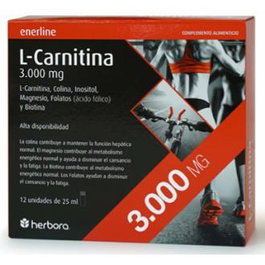 HERBORA L-Carnitina 3000 mg 12 Ampollas - Suplemento con Colina, Inositol, Magnesio, Ácido Fólico, Biotina y Sabor Naranja - Apto para Veganos