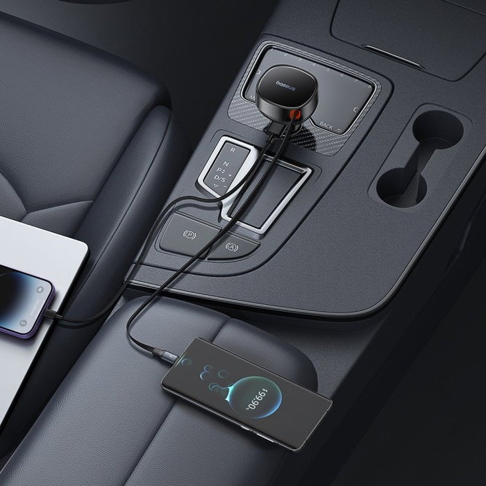 BASEUS Cargador de coche Enjoyment Pro con cable Type-C retráctil 60W Negro
