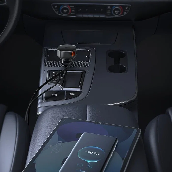 BASEUS Cargador de coche Enjoyment Pro con cable Type-C retráctil 60W Negro