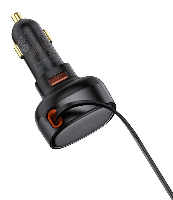 BASEUS Cargador de coche Enjoyment Pro con cable Type-C retráctil 60W Negro