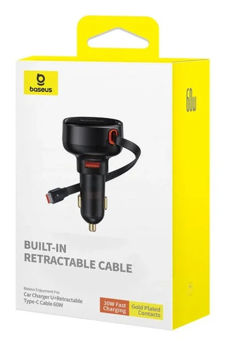 BASEUS Cargador de coche Enjoyment Pro con cable Type-C retráctil 60W Negro