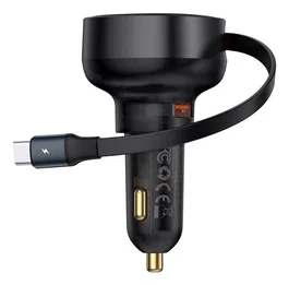 BASEUS Cargador de coche Enjoyment Pro con cable Type-C retráctil 60W Negro
