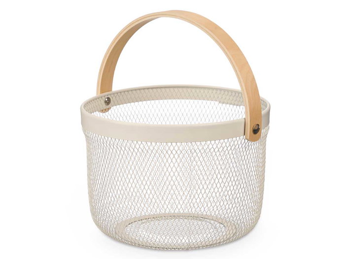 Kinvara Cesta Redonda con Asa, Color Crema, 28x20x27 cm, Material Metal y Madera (Set de 12)