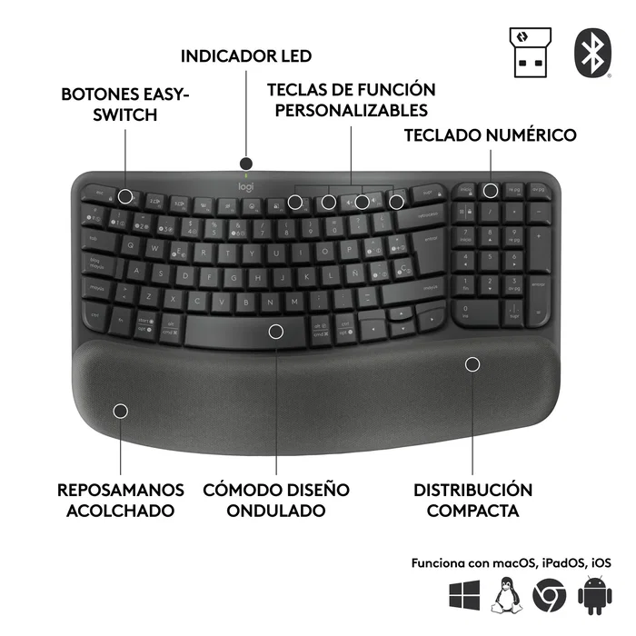 Logitech Wave Keys for Business Teclado Ergonómico Inalámbrico Grafito QWERTY Español