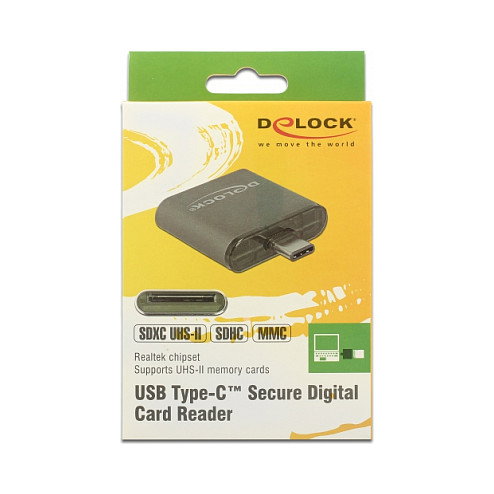 DeLOCK 91498 Lector de Tarjetas USB-C Negro Aluminio Compatible con SDXC/SDHC UHS-II, MicroSD, MMC, Hasta 2 TB, Velocidad Lectura 250 MB/s