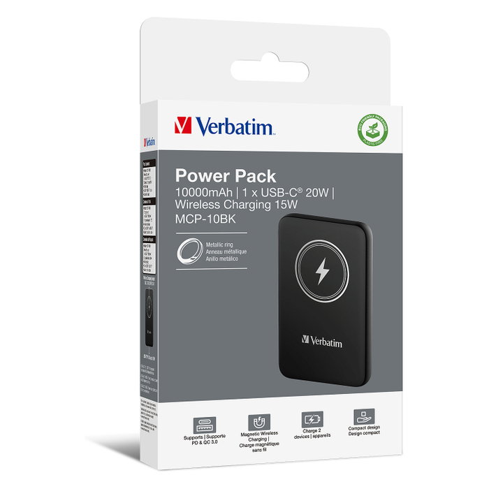 Verbatim Charge 'n' Go Power Bank 10000mAh Negro con Carga Inalámbrica Magnética y PD 20W Verbatim Charge 'n' Go Power Bank 10000mAh Negro con Carga Inalámbrica Magnética y PD 20W