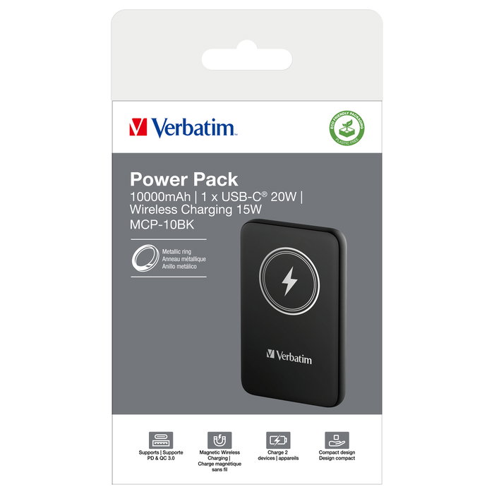 Verbatim Charge 'n' Go Power Bank 10000mAh Negro con Carga Inalámbrica Magnética y PD 20W Verbatim Charge 'n' Go Power Bank 10000mAh Negro con Carga Inalámbrica Magnética y PD 20W