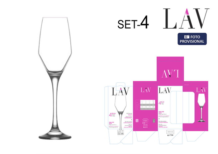 LAV Set de 4 Copas de Champagne "Ella", 230 cc, Ø 5 cm x 23 cm (6 Cajas) LAV Set de 4 Copas de Champagne "Ella", 230 cc, Ø 5 cm x 23 cm (6 Cajas)