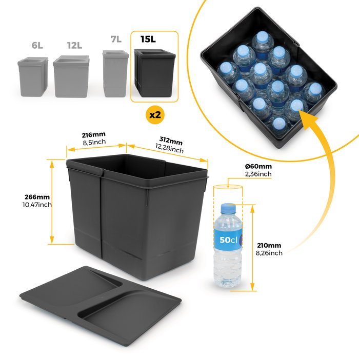 Emuca Kit de contenedores de reciclaje Recycle 2x15L Negro Emuca Kit de contenedores de reciclaje Recycle 2x15L Negro