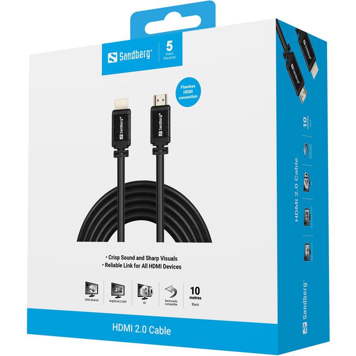 Sandberg Cable HDMI 2.0 10 metros (19M-19M) para TV, Proyector, Consola - Video Alta Resolucion, Sonido Cristalino