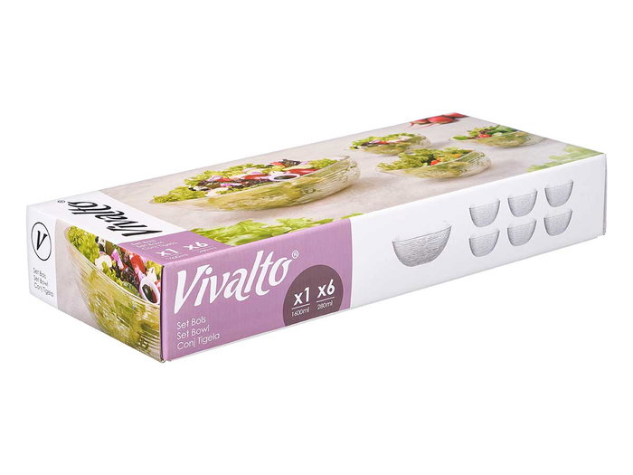 Vivalto Set 7 Piezas Rayas Vidrio Transparente con 1 Bol Grande y 6 Boles Pequeños 54x9x22 cm (Set de 4) Vivalto Set 7 Piezas Rayas Vidrio Transparente con 1 Bol Grande y 6 Boles Pequeños 54x9x22 cm (Set de 4)