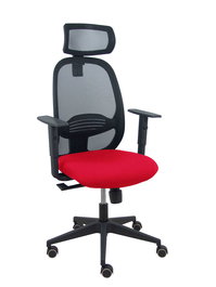 Silla de oficina Cilanco con mecanismo Sincro tapizada con Tela color Rojo y malla color Negro. Equipada con lumbar 1D, Brazos 1D, Cabecero 2D y Ruedas de parqué