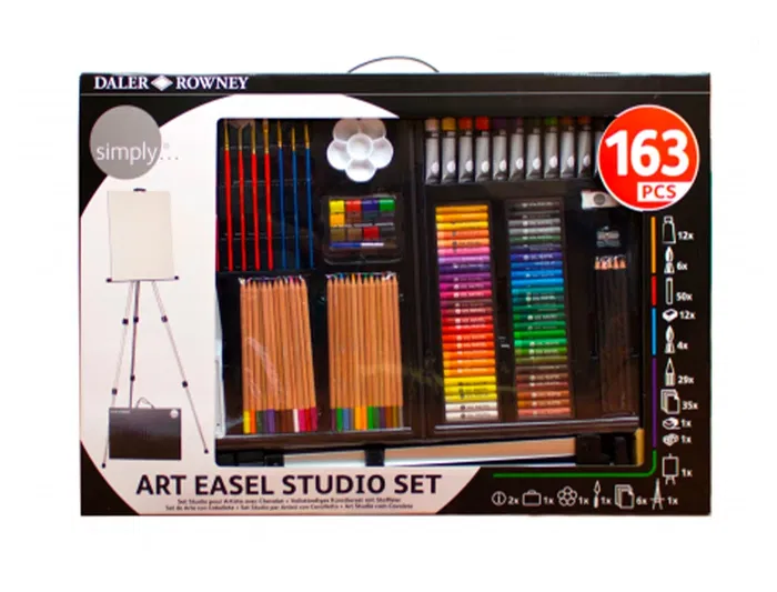 Daler rowney Set de Pinturas 163 Piezas con Caballete de Aluminio Plegable para Artistas Principiantes y Experimentados, Maletín Portátil