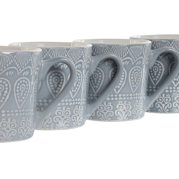 DKD Home Decor Set de 4 Tazas Mandala de Gres Azul Esmaltado