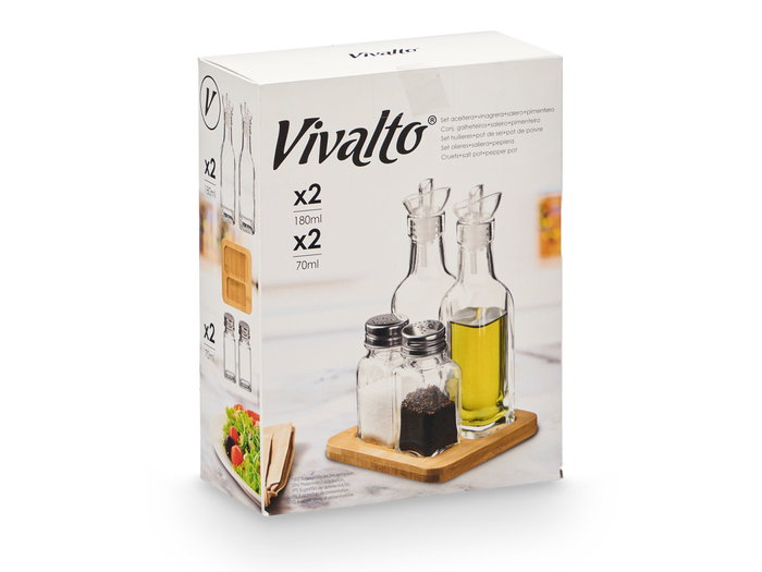 Vivalto Set Aceitera Vinagrera Salero Pimentero 15x20x7cm con Base de Madera y Materiales Mixtos (Set de 8) Vivalto Set Aceitera Vinagrera Salero Pimentero 15x20x7cm con Base de Madera y Materiales Mixtos (Set de 8)