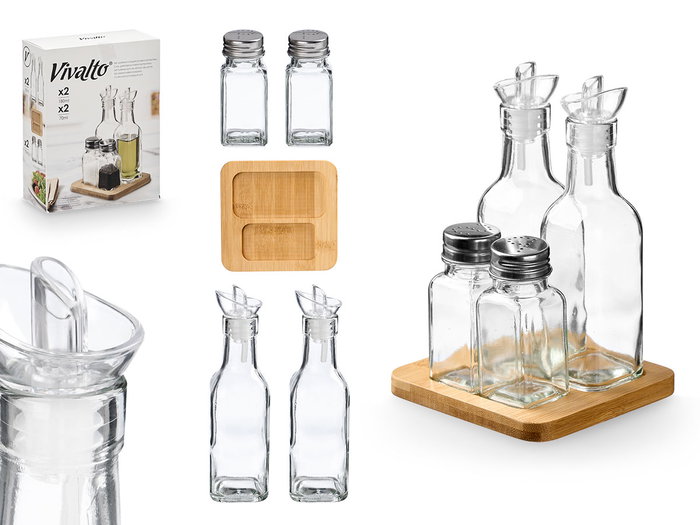 Vivalto Set Aceitera Vinagrera Salero Pimentero 15x20x7cm con Base de Madera y Materiales Mixtos (Set de 8) Vivalto Set Aceitera Vinagrera Salero Pimentero 15x20x7cm con Base de Madera y Materiales Mixtos (Set de 8)