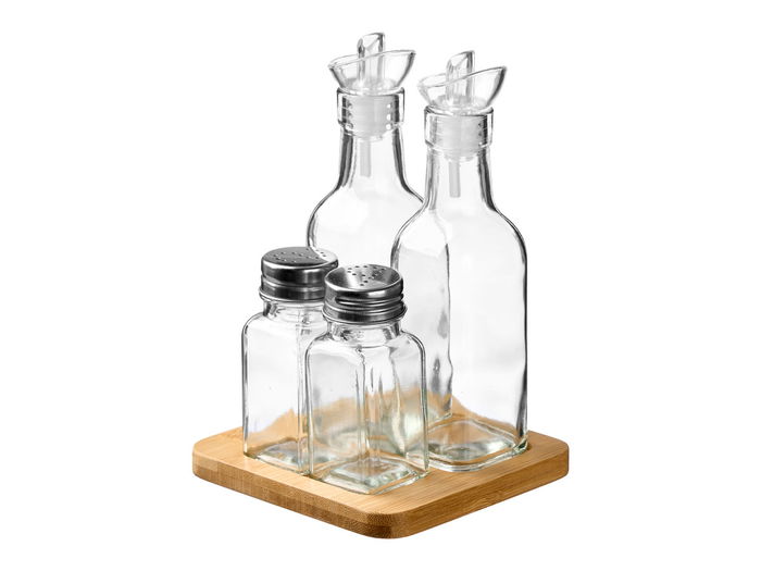 Vivalto Set Aceitera Vinagrera Salero Pimentero 15x20x7cm con Base de Madera y Materiales Mixtos (Set de 8) Vivalto Set Aceitera Vinagrera Salero Pimentero 15x20x7cm con Base de Madera y Materiales Mixtos (Set de 8)