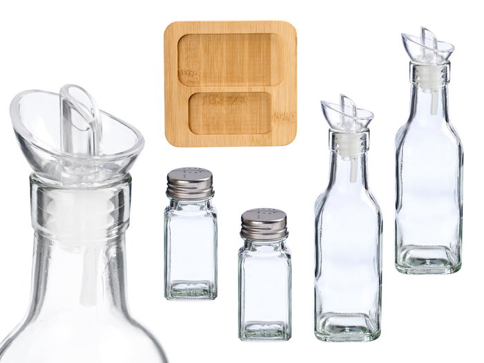 Vivalto Set Aceitera Vinagrera Salero Pimentero 15x20x7cm con Base de Madera y Materiales Mixtos (Set de 8) Vivalto Set Aceitera Vinagrera Salero Pimentero 15x20x7cm con Base de Madera y Materiales Mixtos (Set de 8)