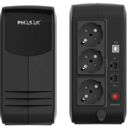 Phasak PH 9499 SAI Interactivo 950VA/570W con AVR, Protección de Red y Arranque en Frío, 3 Salidas, Formato Torre