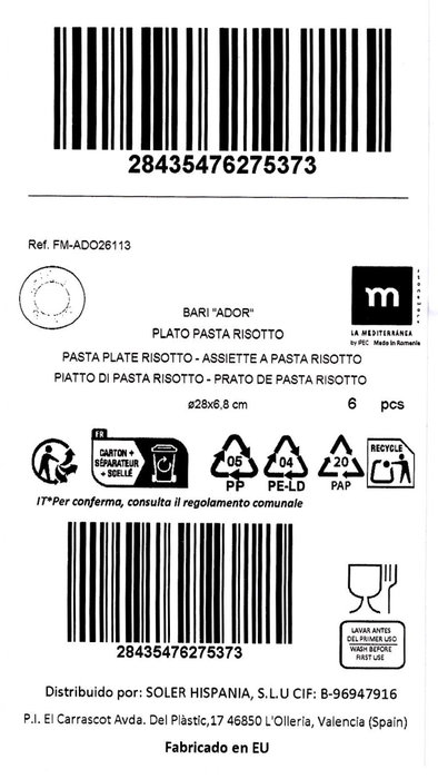 La Mediterranea Plato Pasta Risotto Ador Bari 28cm 6 unidades