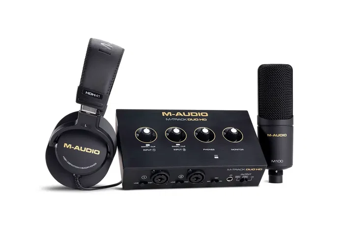 MAUDIO M-Track Duo HD Pack Interfaz de Audio USB-C 2 Entradas/2 Salidas 24 bits/192 kHz con Micrófono, Auriculares y Software Producer Essentials