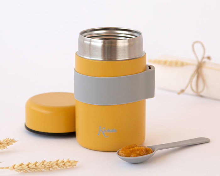 KioKids Termo Papillero Acero Inoxidable 500 mL Color Mostaza Con Cuchara