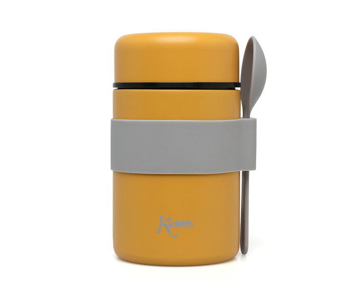 KioKids Termo Papillero Acero Inoxidable 500 mL Color Mostaza Con Cuchara