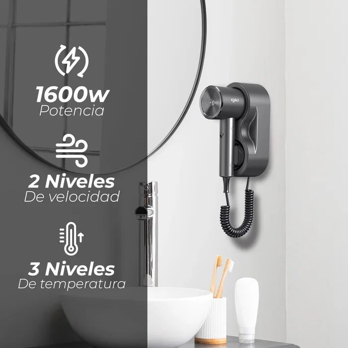 GKL Secador Profesional ONYXRESORT de Pared, 1600W, 2 Velocidades 3 Temperaturas, Negro, con Concentrador y Soporte para Hotel o Residencia