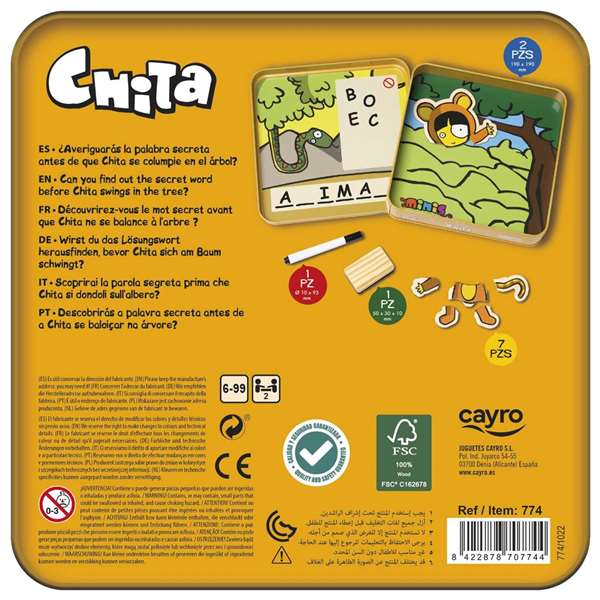 Cayro Juego Ahorcado Chita de Madera en Caja de Metal, 8 Piezas, 2 Jugadores, 19x19x3.5cm