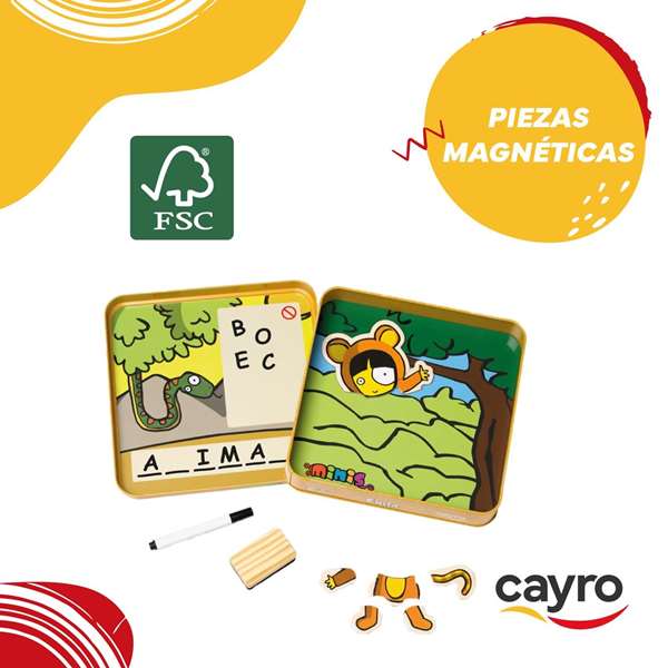 Cayro Juego Ahorcado Chita de Madera en Caja de Metal, 8 Piezas, 2 Jugadores, 19x19x3.5cm